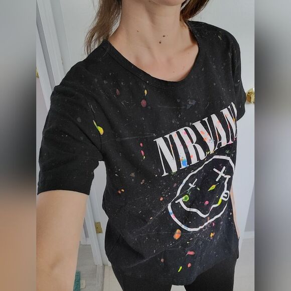 Large NIRVANA Custom Black Tee with Colorful Splatter - Picture 2 of 5